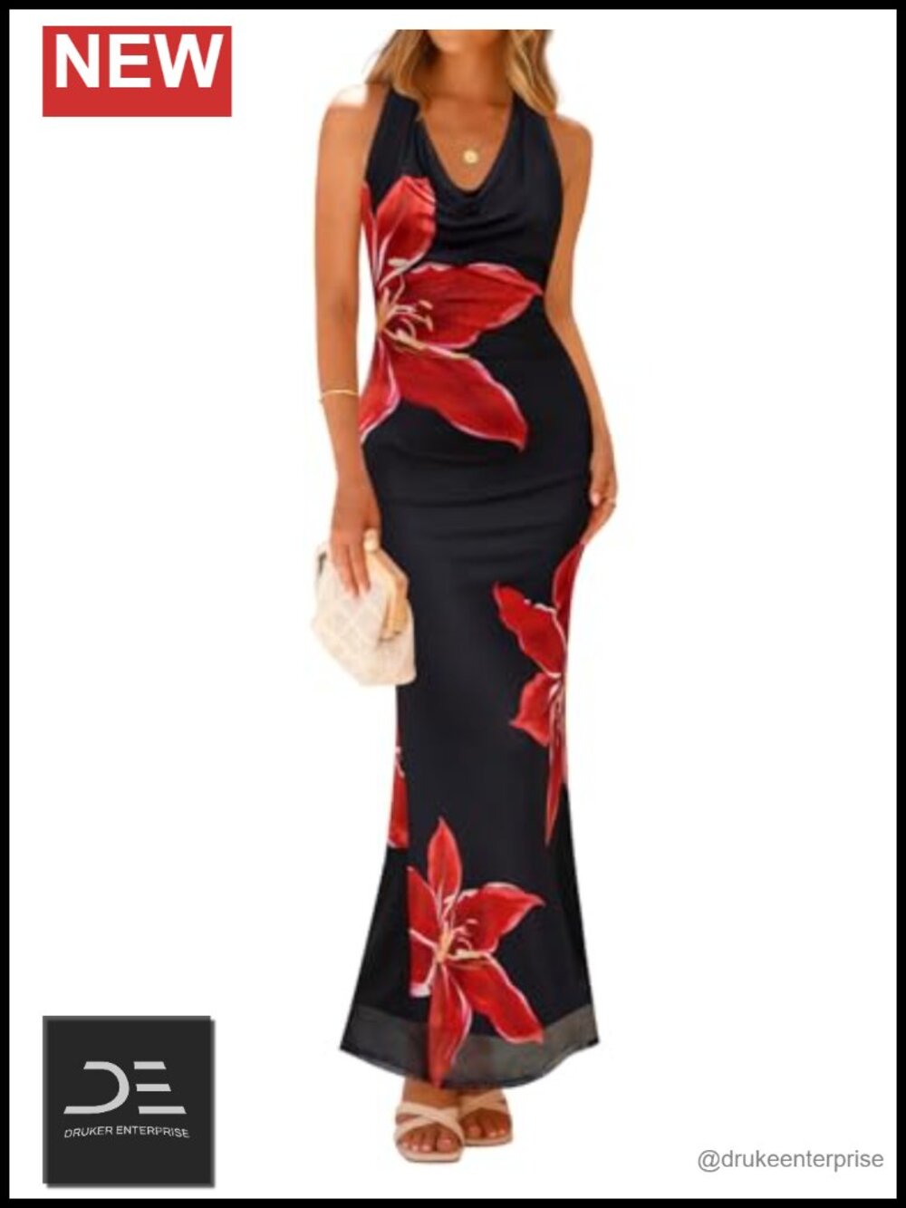 Women's Floral Halter Neck Sleeveless Maxi Bodycon Dress